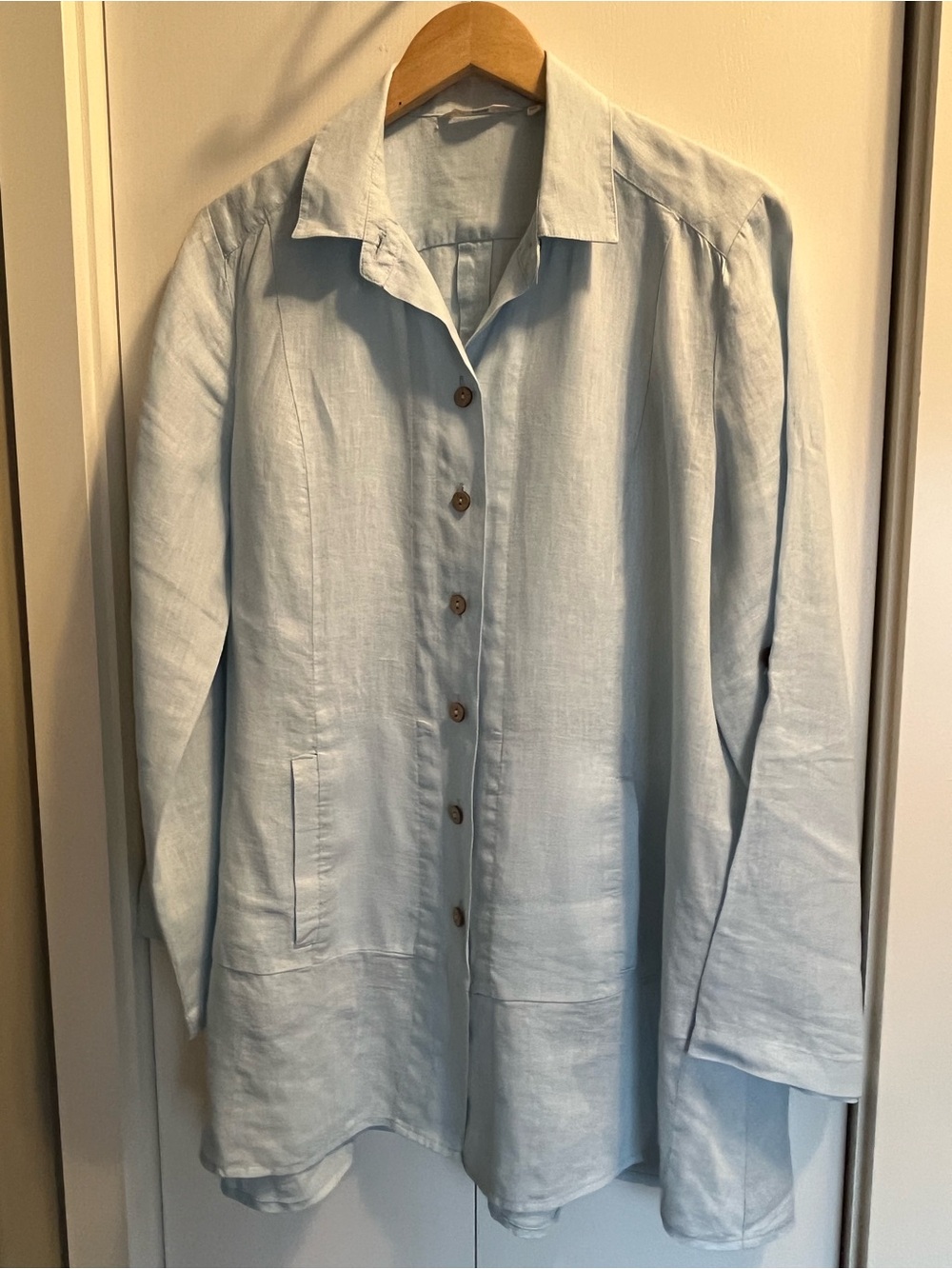 Light Blue Women's Button-Up Linen Shirt by Soft Surroundings